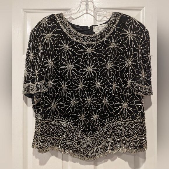 Papell Boutique Evening 100% Silk Black Fully Beaded Short Sleeve shirt Blouse L - Picture 3 of 14
